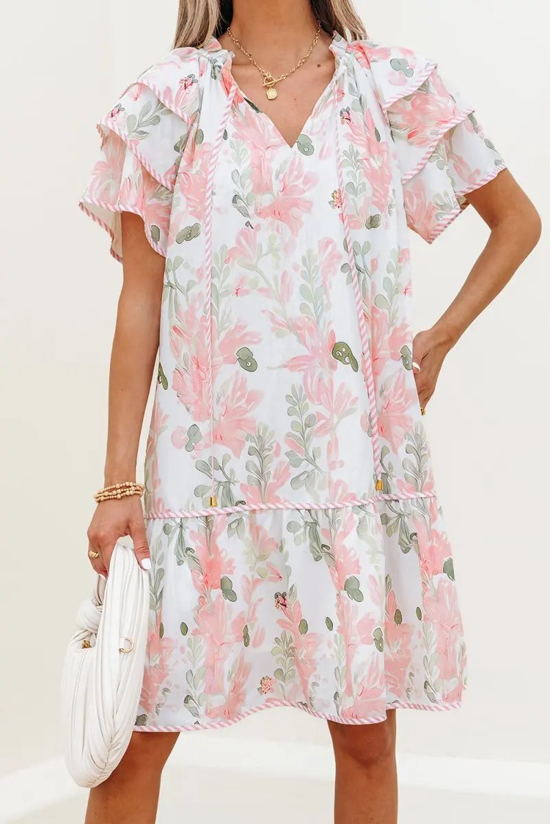 Pink Floral Contrast Edge Layered Short Sleeve Mini Dress - Love Salve